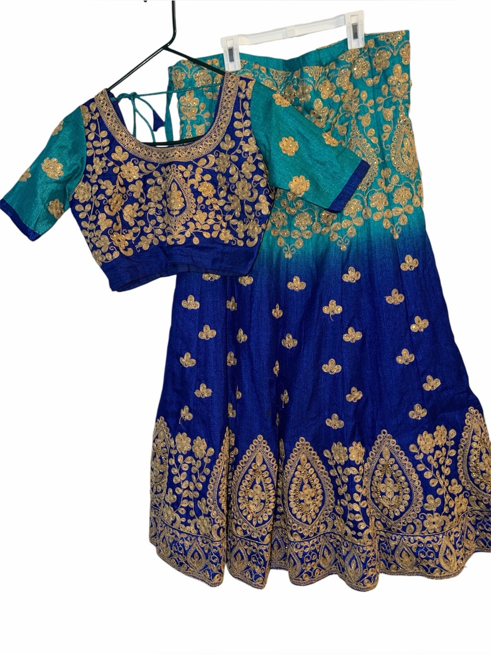 Embroidered Peacock Ombré Lehenga Choli Set with Gold Accents